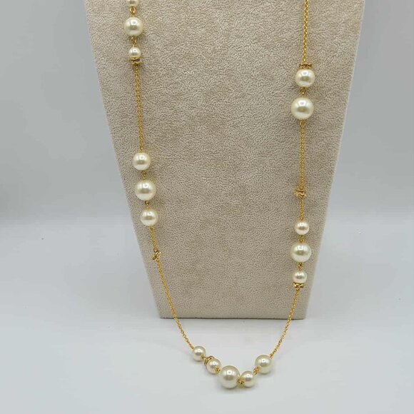 J Crew Gold Tone Pearl Crystal Station Necklace NWOT! - Picture 1 of 9